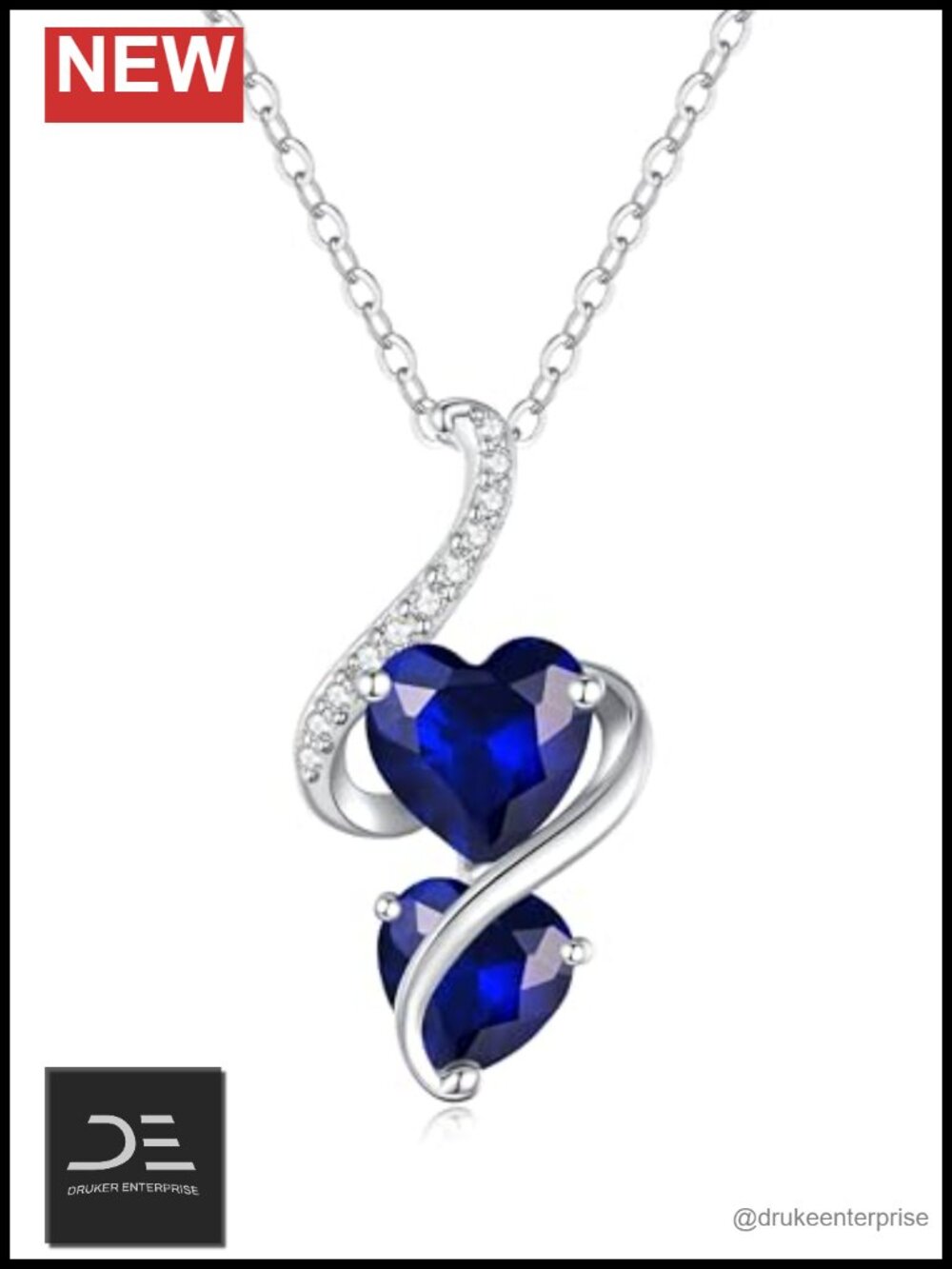 Double Heart Birthstone Necklace 925 Sterling Silver Rhodium Plated Women